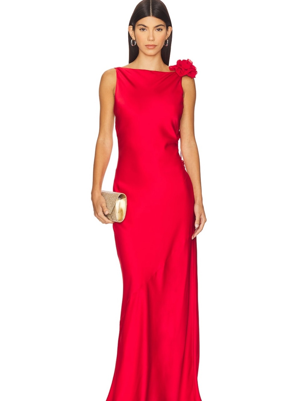 Lovers + Friends Red One-Shoulder Satin Maxi with Floral Shoulder Detail